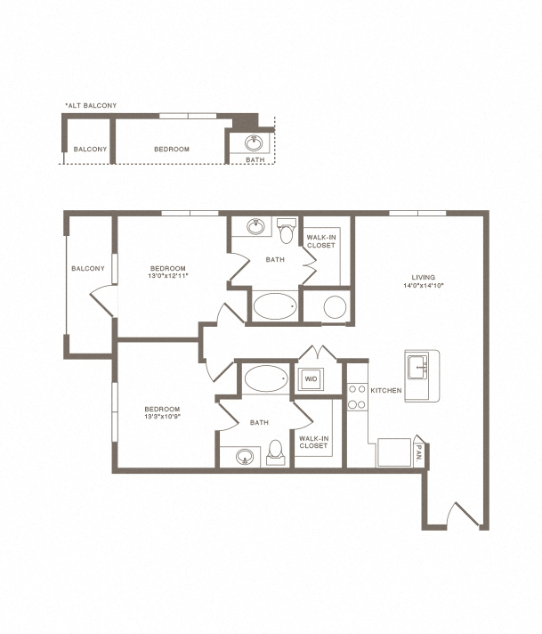 Floor plan for 2 beds, 2 baths, 1079 sqft